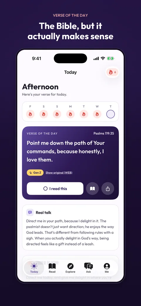Bible for Gen Z app: today screen with the verse of the day