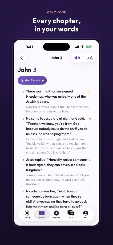 Bible for Gen Z app: a chapter with the Gen Z paraphrase beside the original